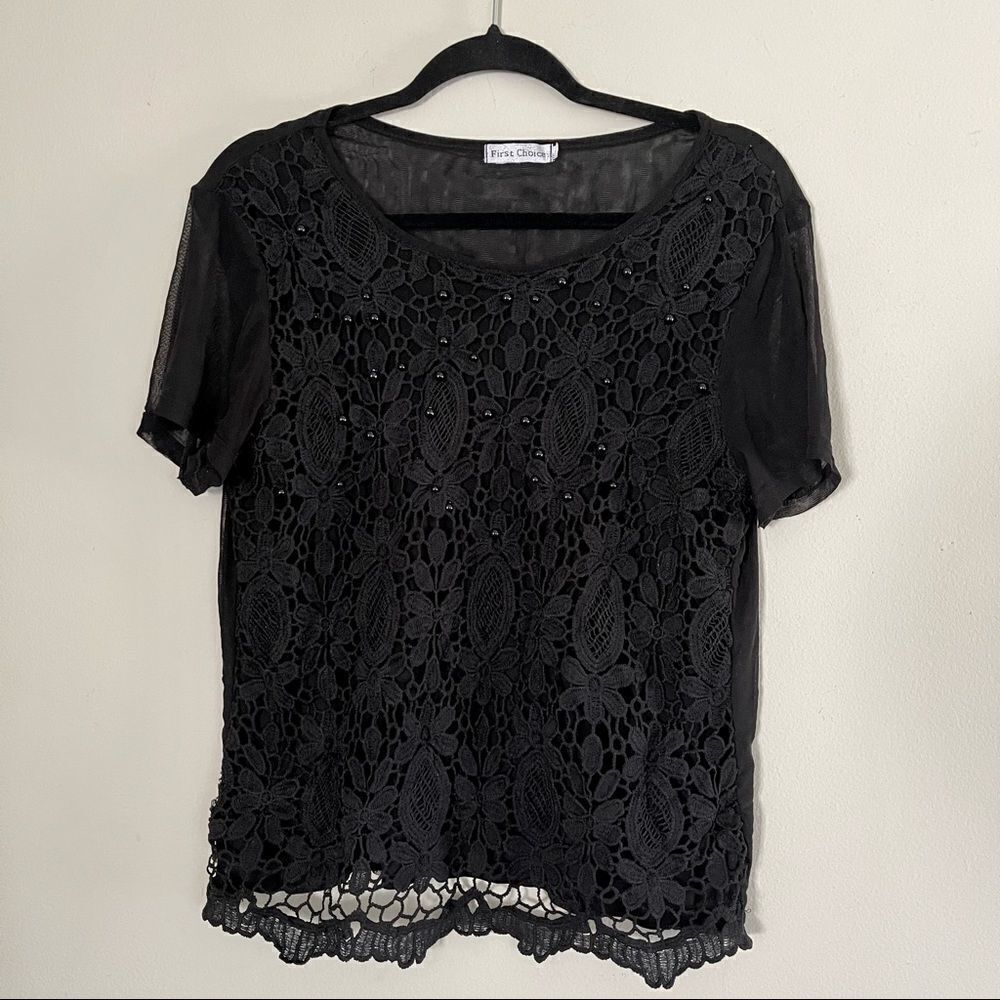 First Choice Sheer Lace Crochet Short Sleeve Blouse in Black Size XXL